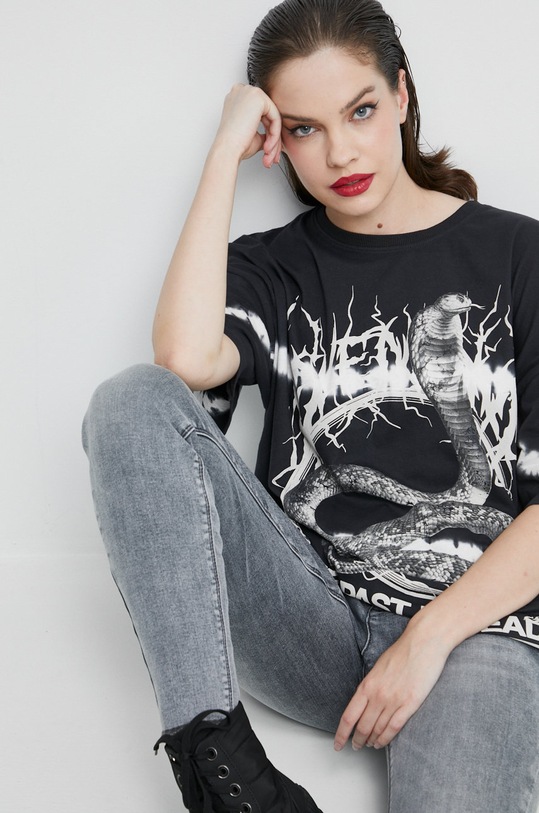 T-shirt bawełniany z nadrukiem szary okrągły szary RW22.TSD404