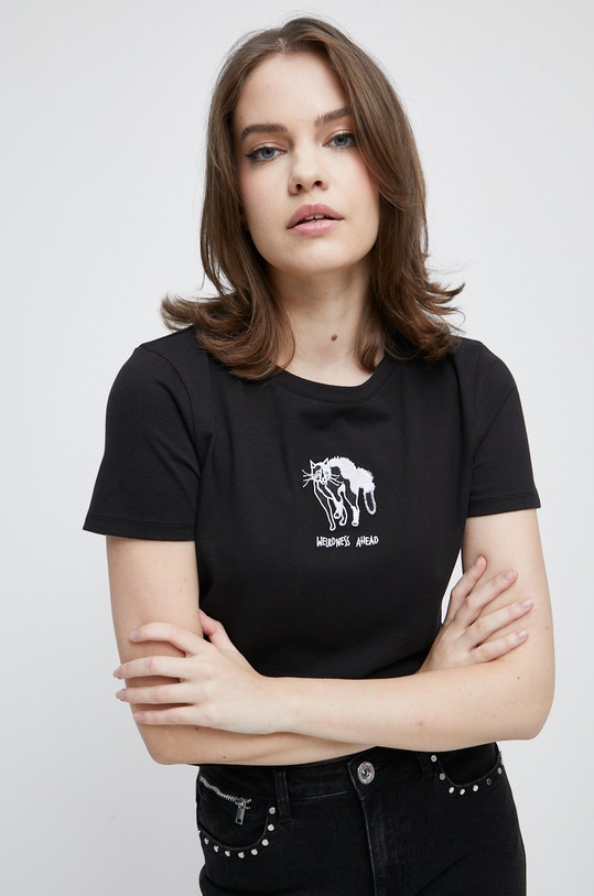T-shirt bawełniany damski z ozdobnym haftem z domieszką elastanu czarny aplikacja czarny RW22.TSD504