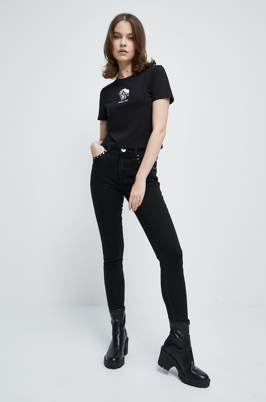 T-shirt bawełniany damski z ozdobnym haftem z domieszką elastanu czarny RW22.TSD504 czarny RW22