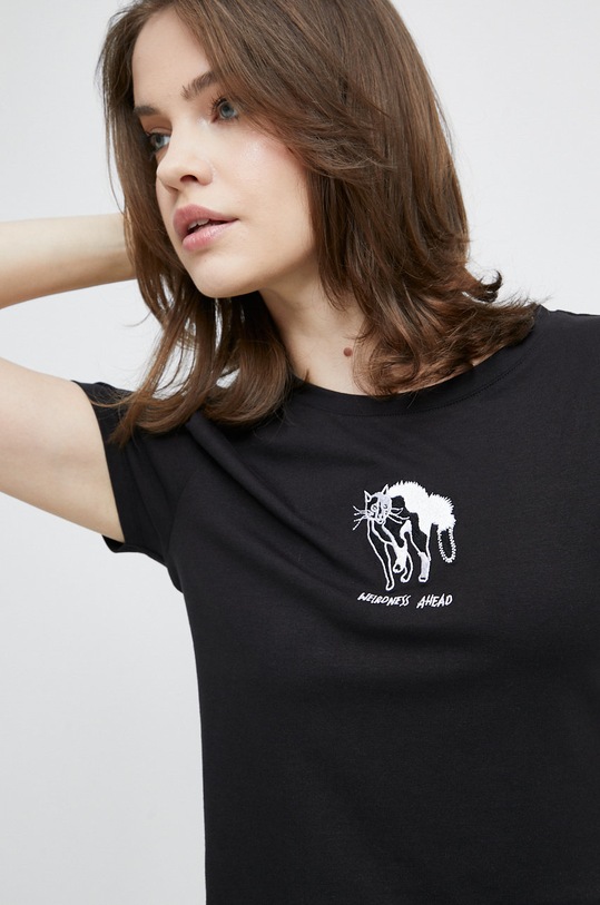 T-shirt bawełniany damski z ozdobnym haftem z domieszką elastanu czarny czarny RW22.TSD504