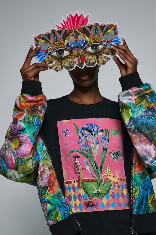 T-shirt bawełniany damski z nadrukiem z domieszką elastanu by Olaf Hajek kolor czarny okrągły czarny RW22.TSD956