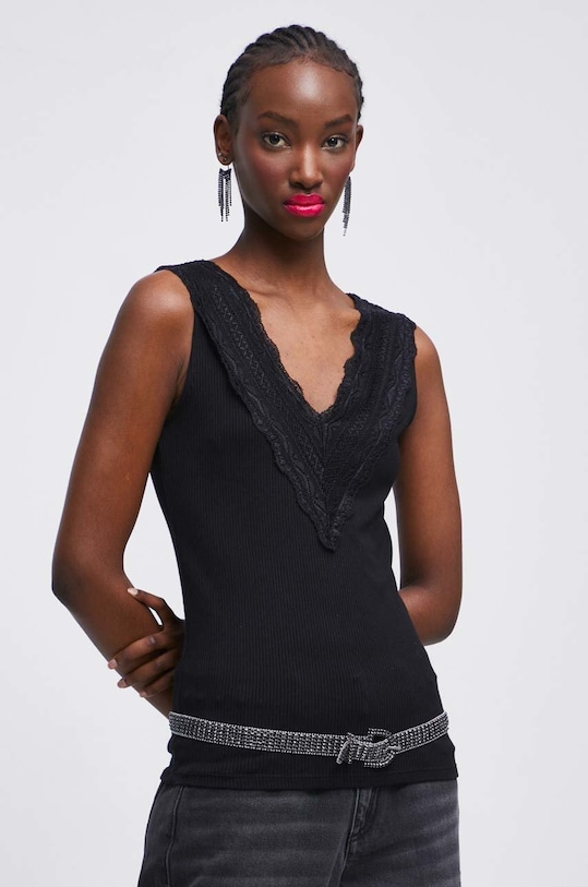 Top damski prążkowany kolor czarny z elastanem czarny RW22.TSDA08