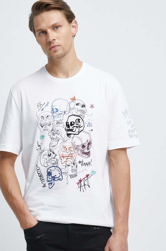 T-shirt bawełniany z nadrukiem biały okrągły biały RW22.TSM400