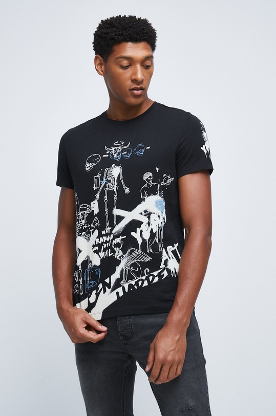 T-shirt bawełniany z nadrukiem czarny okrągły czarny RW22.TSM405