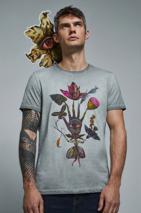T-shirt bawełniany męski by Olaf Hajek kolor szary okrągły szary RW22.TSM953
