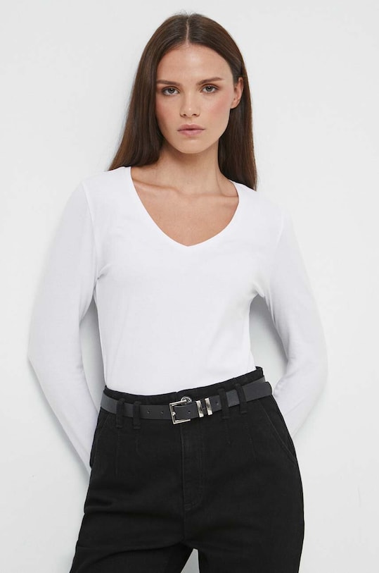 Longsleeve bawełniany damski gładki z domieszką elastanu kolor biały z elastanem biały RW23.BUD040