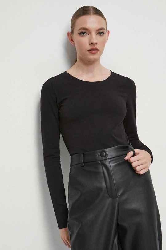 Longsleeve bawełniany damski gładki z domieszką elastanu kolor czarny gładkie czarny RW23.BUD061