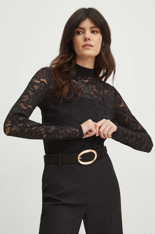 Longsleeve damski z koronkowego materiału kolor czarny z elastanem czarny RW23.BUDC00