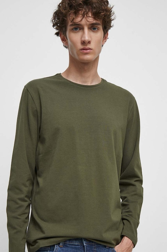 Longsleeve bawełniany męski gładki z domieszką elastanu kolor zielony gładkie zielony RW23.BUM030