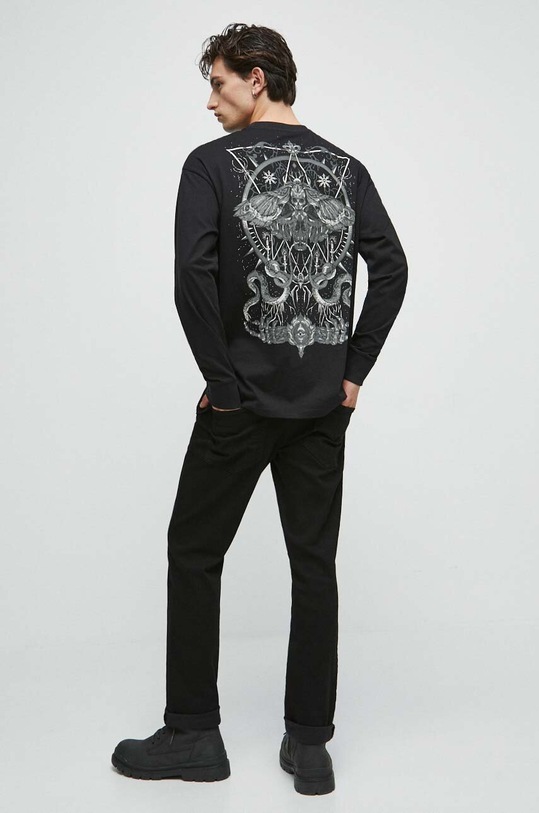 Longsleeve bawełniany męski z nadrukiem kolor czarny okrągły czarny RW23.BUM400