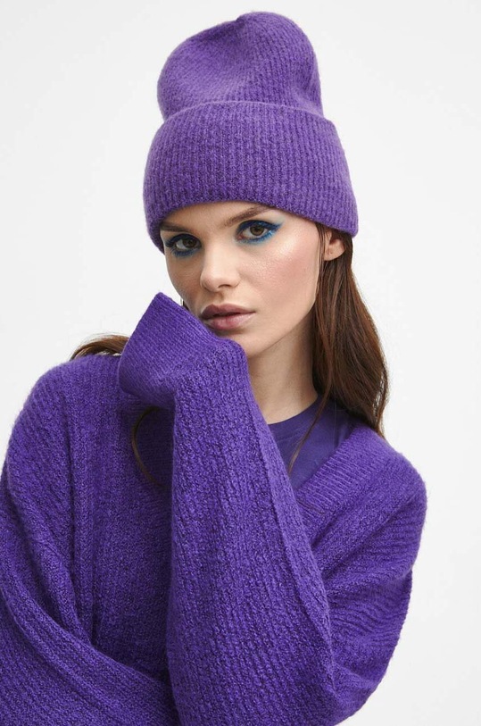 Čiapka s prímesou vlny dámska beanie fialová farba stredne hrubá fialová RW23.CAD080
