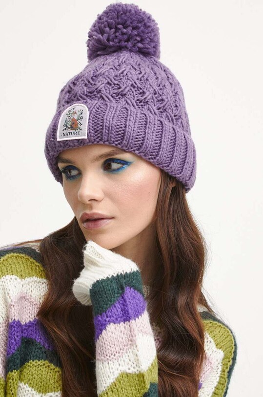 Czapka damska beanie z pomponem kolor fioletowy gruba fioletowy RW23.CAD806