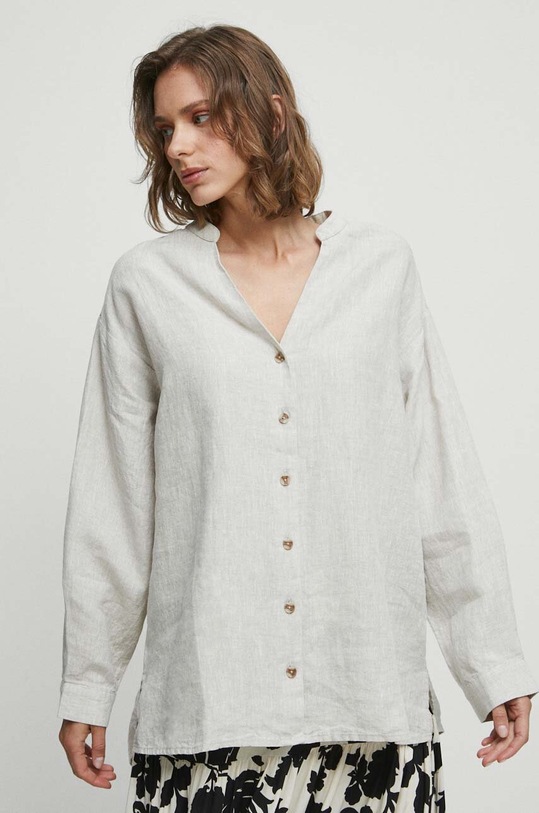 Koszula lniana damska gładka kolor beżowy długi beżowy RW23.KDD102