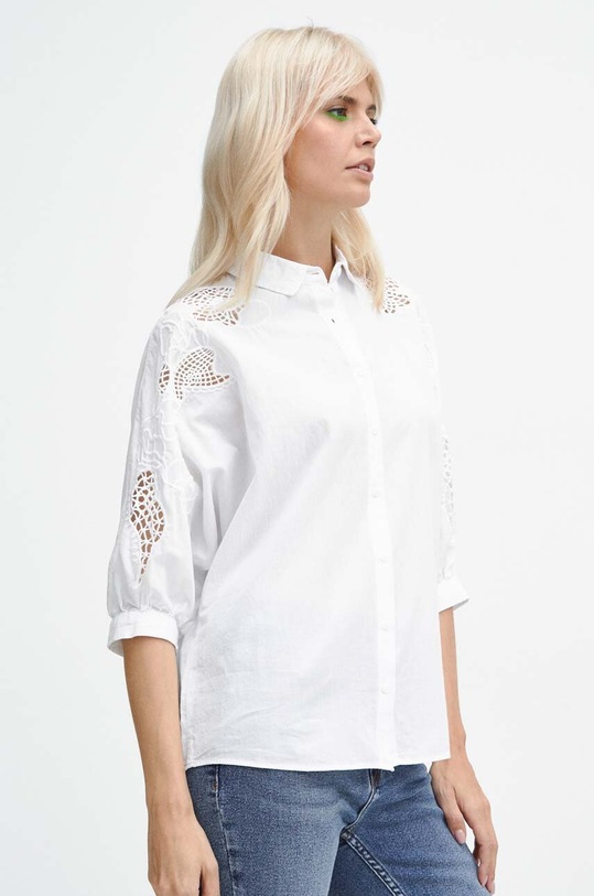 Koszula bawełniana damska z ozdobnymi rękawami kolor biały biały RW23.KDD875