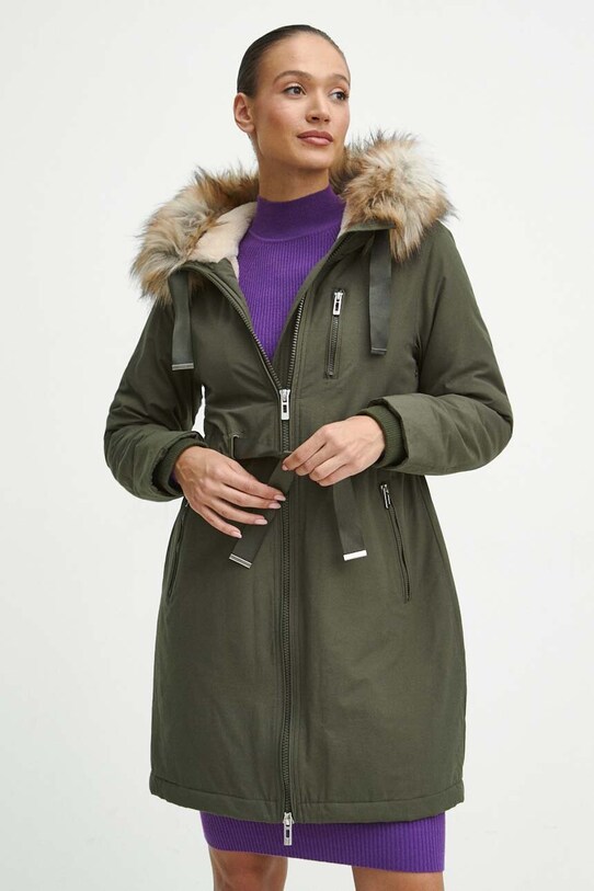 Kabát dámsky zateplený hladký zelená farba s podšívkou zelená RW23.KPD803