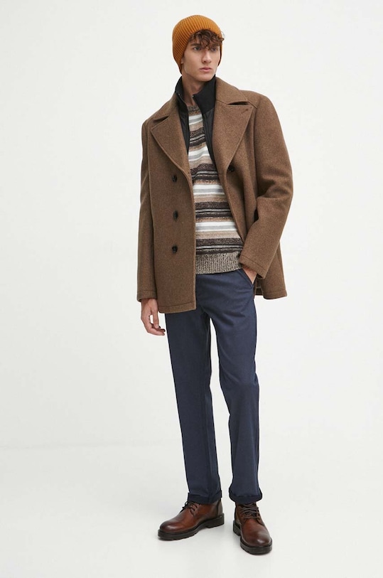 Płaszcz wełniany męski dwurzędowy kolor brązowy RW23.KPM700 brązowy RW23