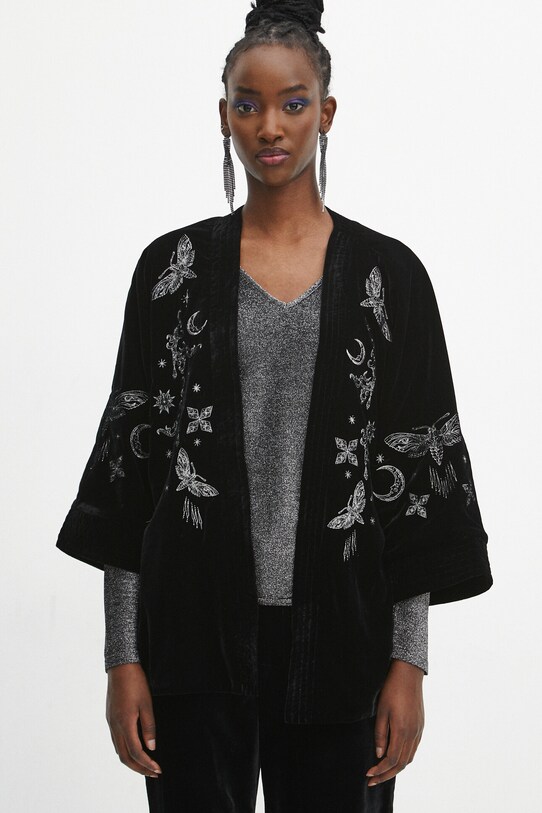 Kimono damskie z ozdobnym haftem kolor czarny tkanina czarny RW23.KZDA02
