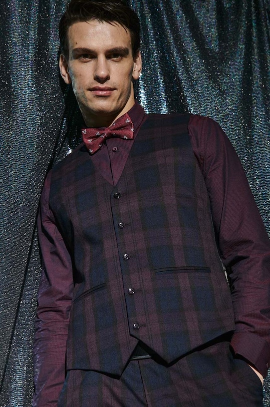 Kamizelka męska w kratę kolor bordowy tkanina bordowy RW23.KZMA12