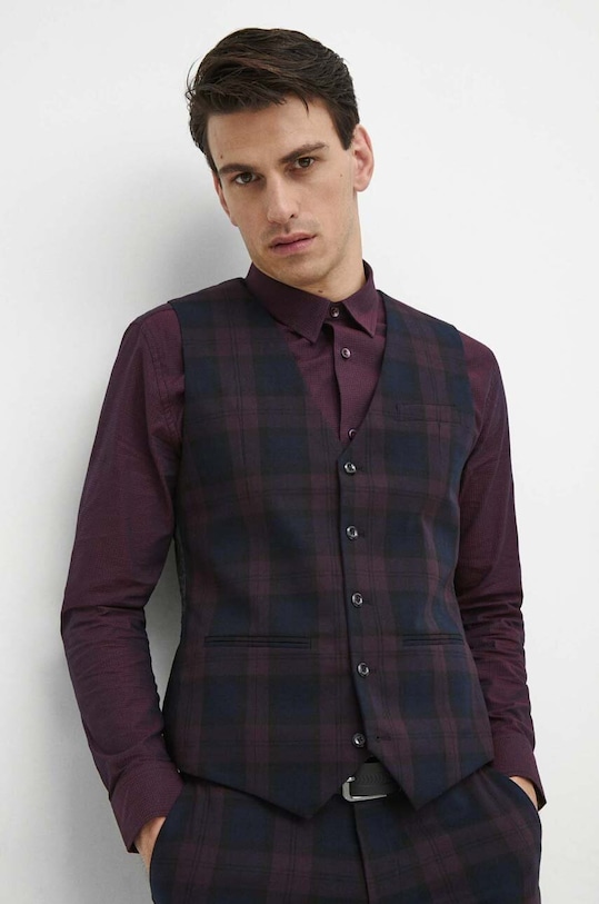 Kamizelka męska w kratę kolor bordowy bordowy RW23.KZMA12