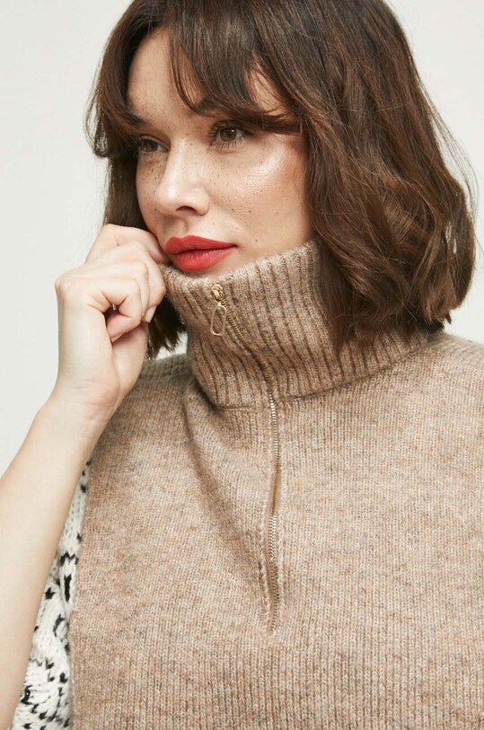 Rolákový šál dámsky béžová farba s prímesou vlny béžová RW23.SAD701