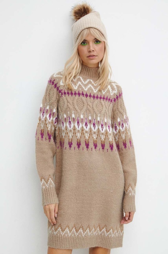 Šaty s prímesou vlny dámske béžová farba jednoduchý béžová RW23.SUD900