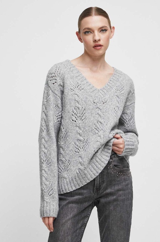 Sweter z domieszką wełny damski z fakturą kolor szary gruba szary RW23.SWD609