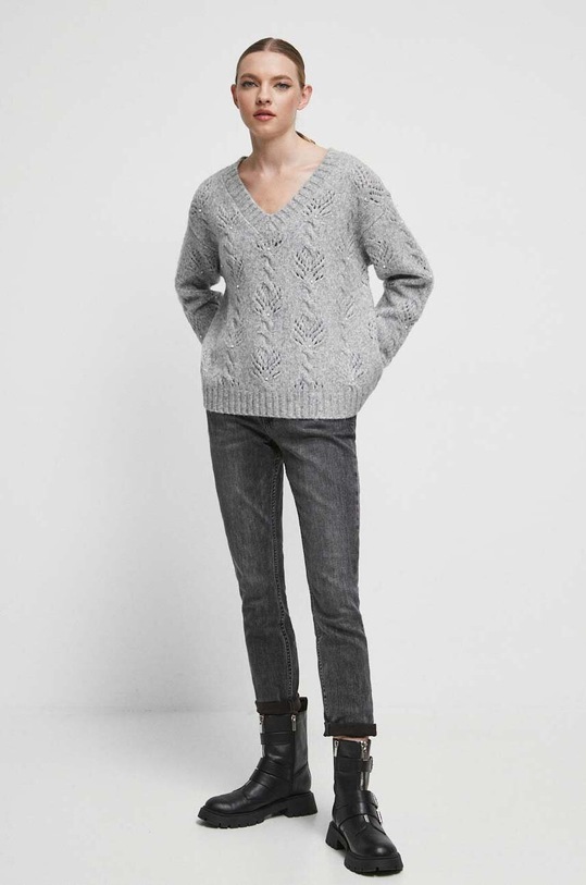 Sweter z domieszką wełny damski z fakturą kolor szary RW23.SWD609 szary RW23