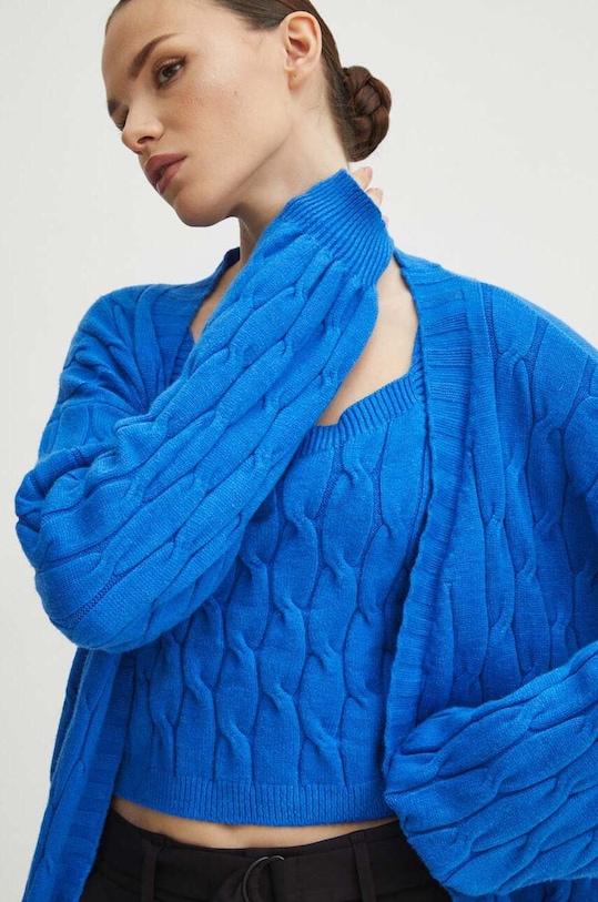Kardigan i top damski z fakturą kolor niebieski gładkie niebieski RW23.SWD973