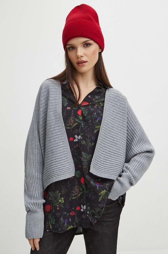 Kardigan damski prążkowany kolor szary średniej grubości szary RW23.SWD974