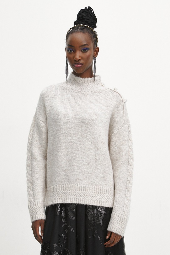 Sweter damski z domieszką wełny owczej i wełny z alpaki kolor beżowy beżowy RW23.SWDA05