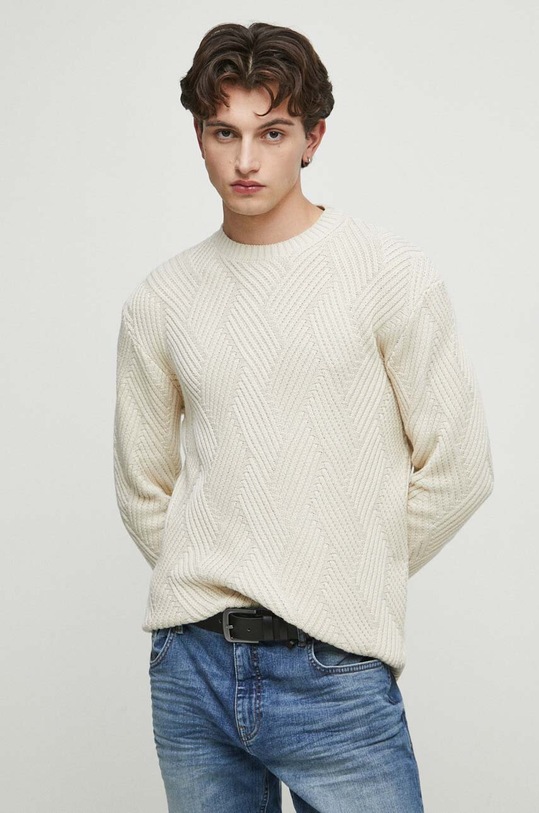 Sweter bawełniany męski z fakturą kolor beżowy beżowy RW23.SWM503