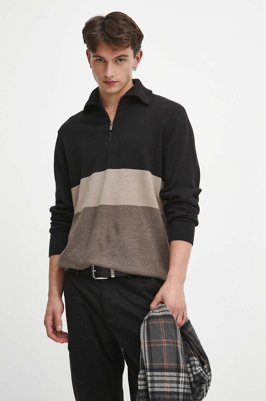 Sweter bawełniany męski z golfem kolor czarny wzorzyste czarny RW23.SWM810
