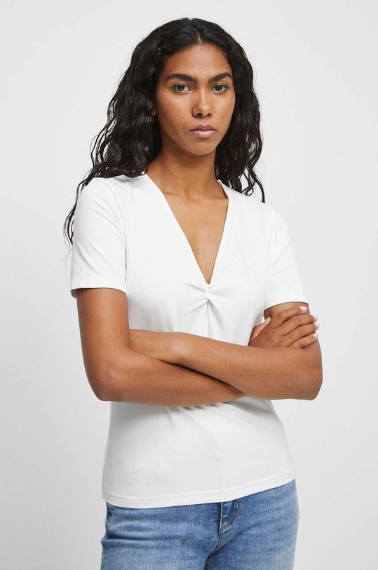 T-shirt bawełniany damski gładki z domieszką elastanu kolor beżowy z elastanem beżowy RW23.TSD021