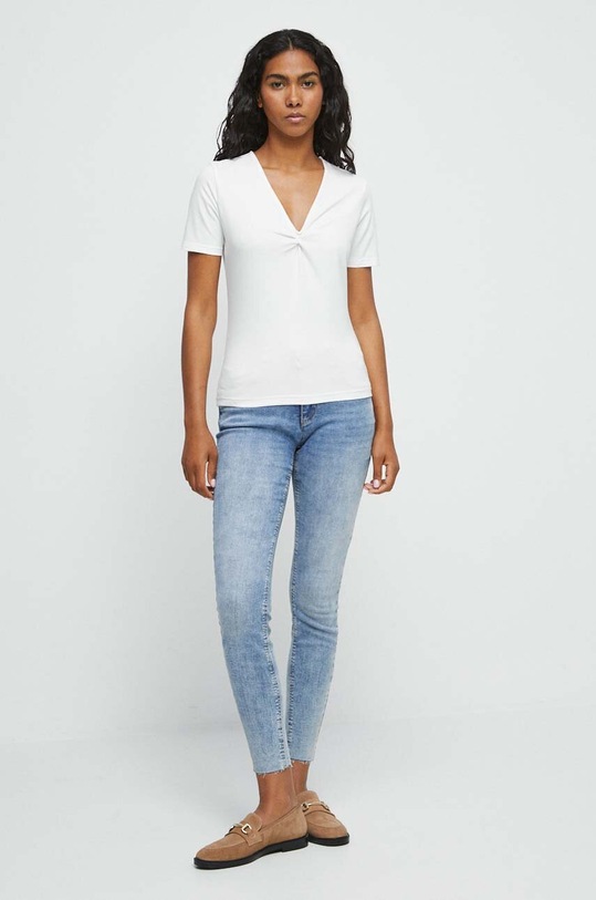 T-shirt bawełniany damski gładki z domieszką elastanu kolor beżowy RW23.TSD021 beżowy RW23