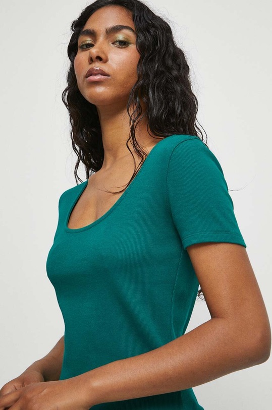 T-shirt bawełniany damski prążkowany z domieszką elastanu kolor zielony turkusowy RW23.TSD022