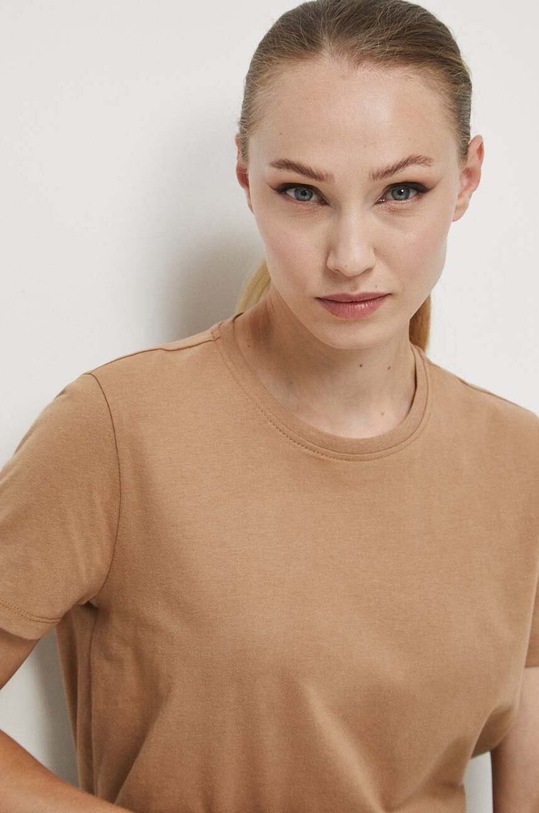 T-shirt bawełniany damski gładki kolor beżowy beżowy RW23.TSD070