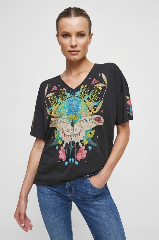 T-shirt bawełniany damski z nadrukiem kolor szary szary RW23.TSD100