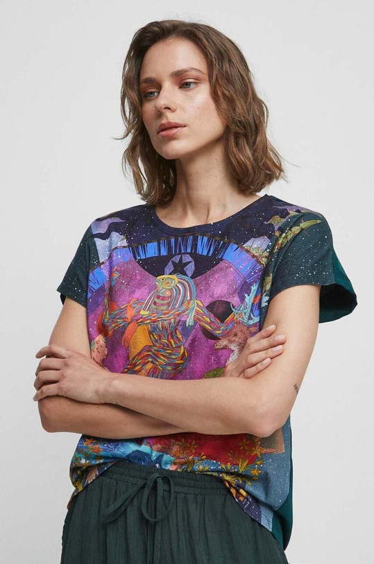 T-shirt bawełniany damski wzorzysty kolor zielony bawełna turkusowy RW23.TSD101
