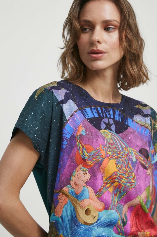 T-shirt bawełniany damski wzorzysty kolor zielony turkusowy RW23.TSD101