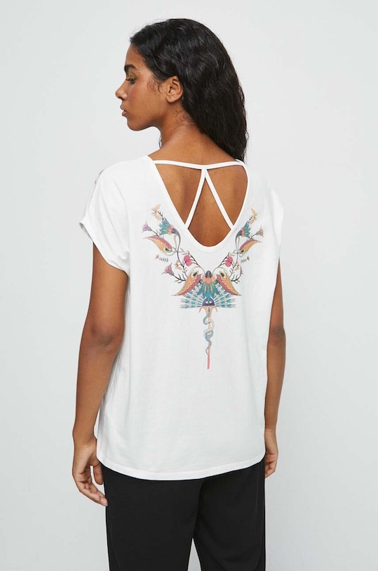 T-shirt bawełniany damski z nadrukiem kolor beżowy RW23.TSD115 beżowy RW23