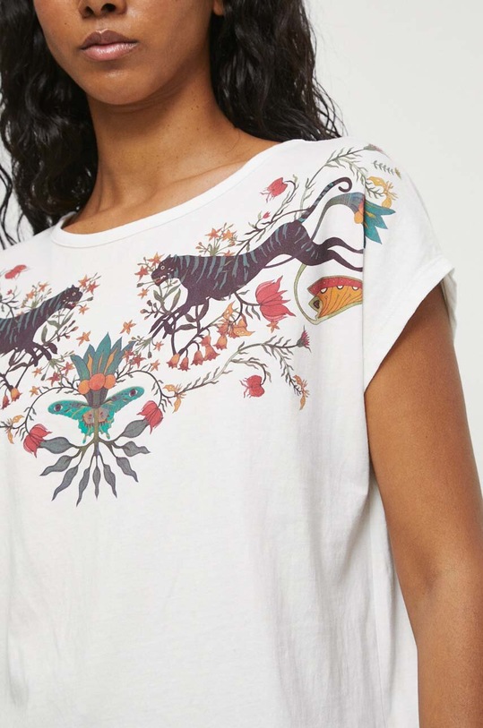 T-shirt bawełniany damski z nadrukiem kolor beżowy RW23.TSD115