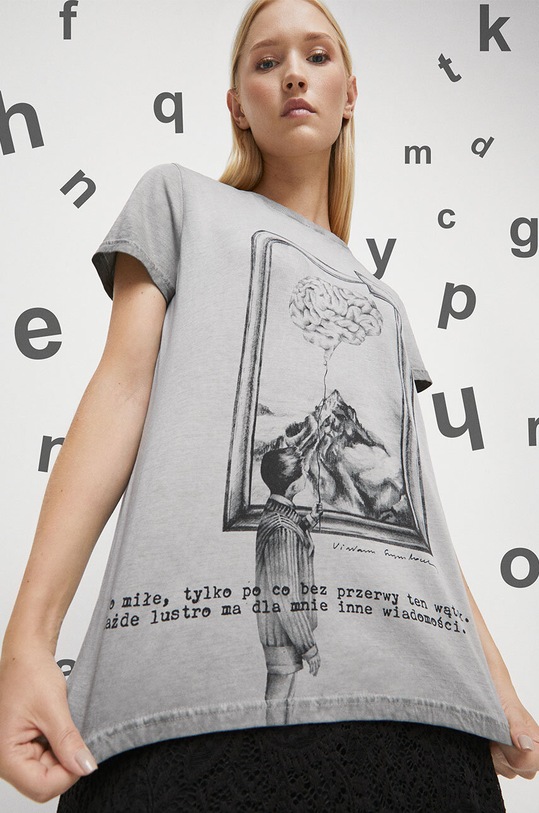 T-shirt bawełniany damski - Kolekcja jubileuszowa. 2023 Rok Wisławy Szymborskiej x Medicine, kolor szary okrągły szary RW23.TSD358