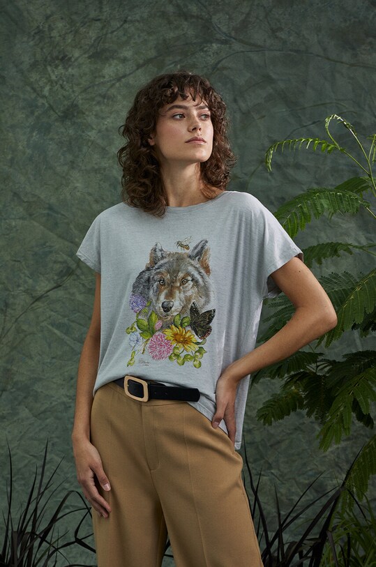 T-shirt bawełniany damski z kolekcji Graficzny Atlas Zwierząt kolor szary okrągły szary RW23.TSD559