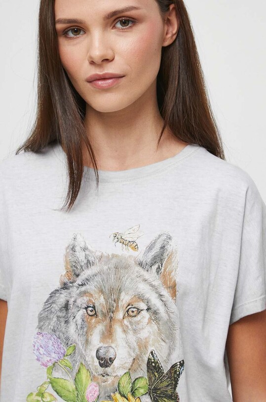 T-shirt bawełniany damski z kolekcji Graficzny Atlas Zwierząt kolor szary RW23.TSD559 szary