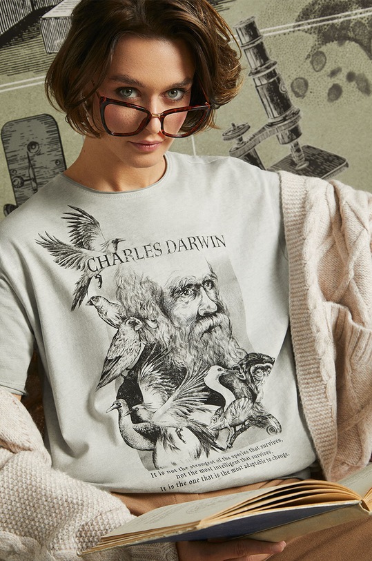 T-shirt bawełniany damski z kolekcji Science kolor szary okrągły szary RW23.TSD606
