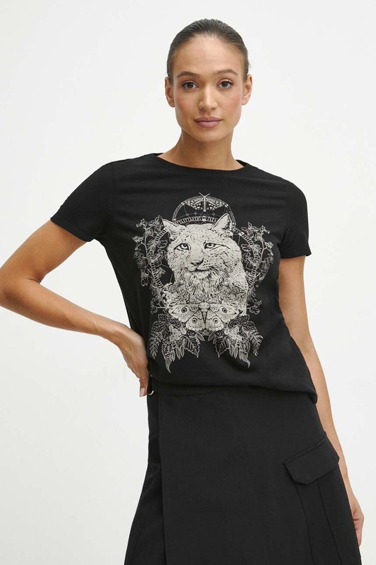 T-shirt bawełniany damski z nadrukiem kolor czarny okrągły czarny RW23.TSD802