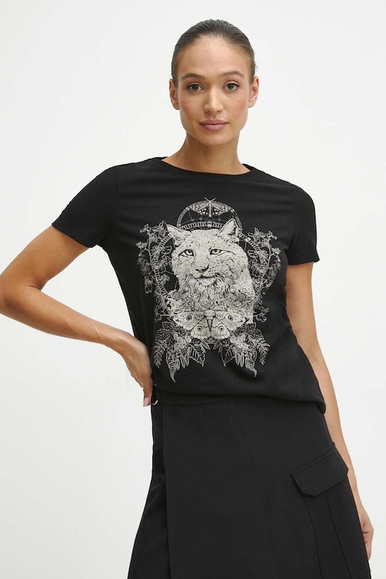 T-shirt bawełniany damski z nadrukiem kolor czarny okrągły czarny RW23.TSD802