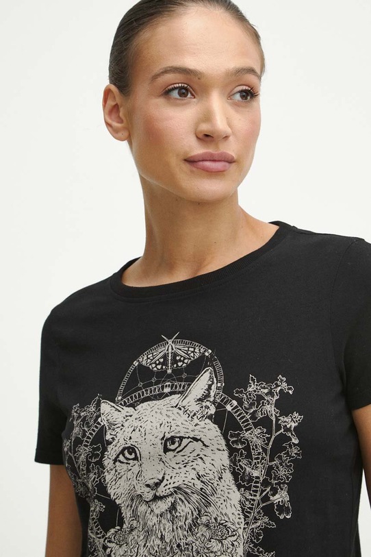 T-shirt bawełniany damski z nadrukiem kolor czarny czarny RW23.TSD802