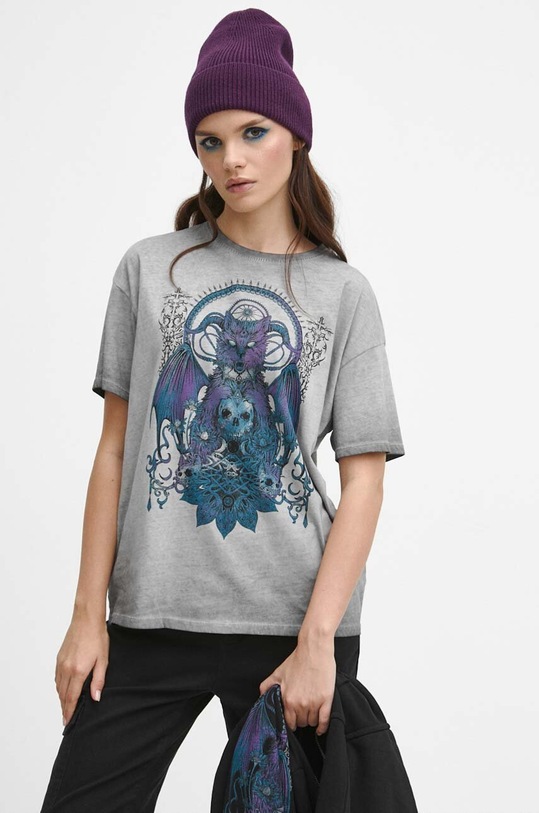T-shirt bawełniany damski z kolekcji Bestiariusz kolor szary RW23.TSD850 szary RW23