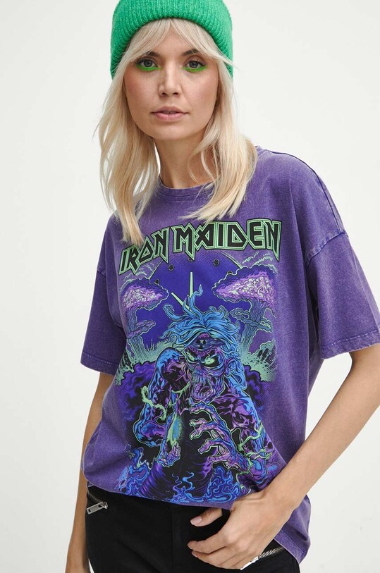 T-shirt bawełniany damski Iron Maiden kolor fioletowy okrągły fioletowy RW23.TSD953